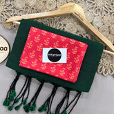 Bottle Green Handloom Khadi Cotton Saree With Red Print Blouse
